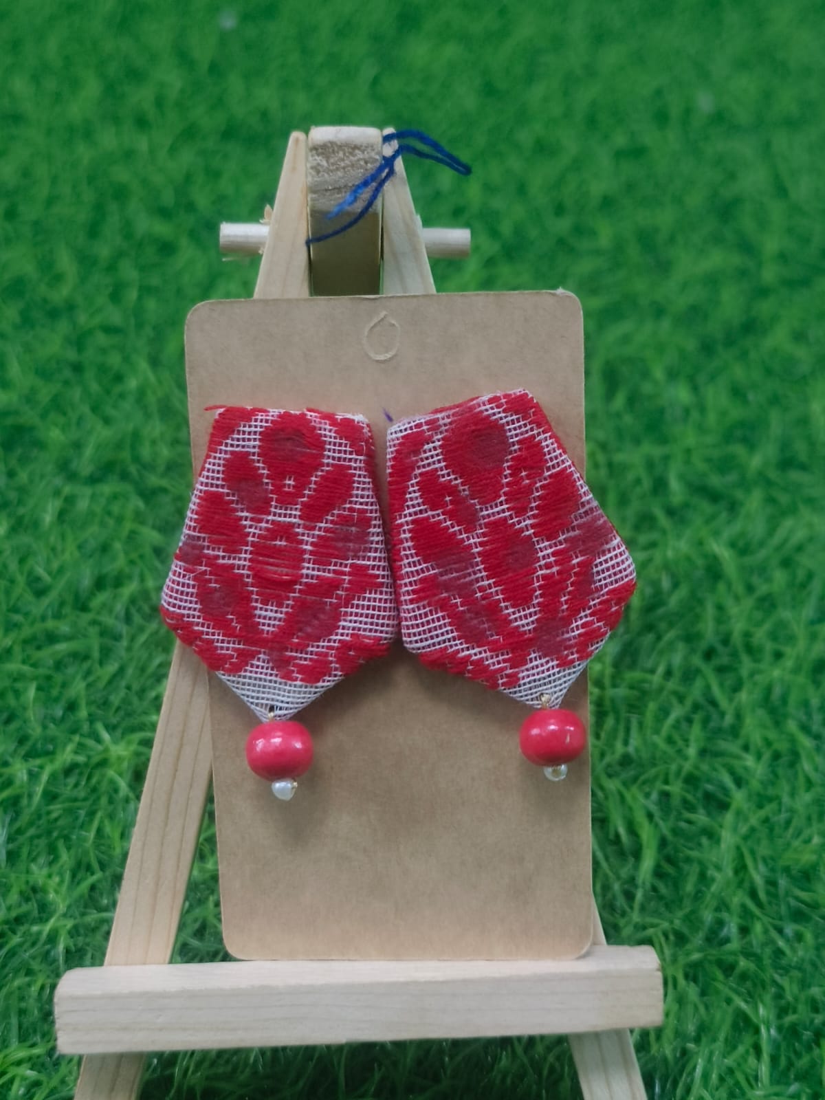 Handcrafted Red Fabric Earrings with Beads - Zipal