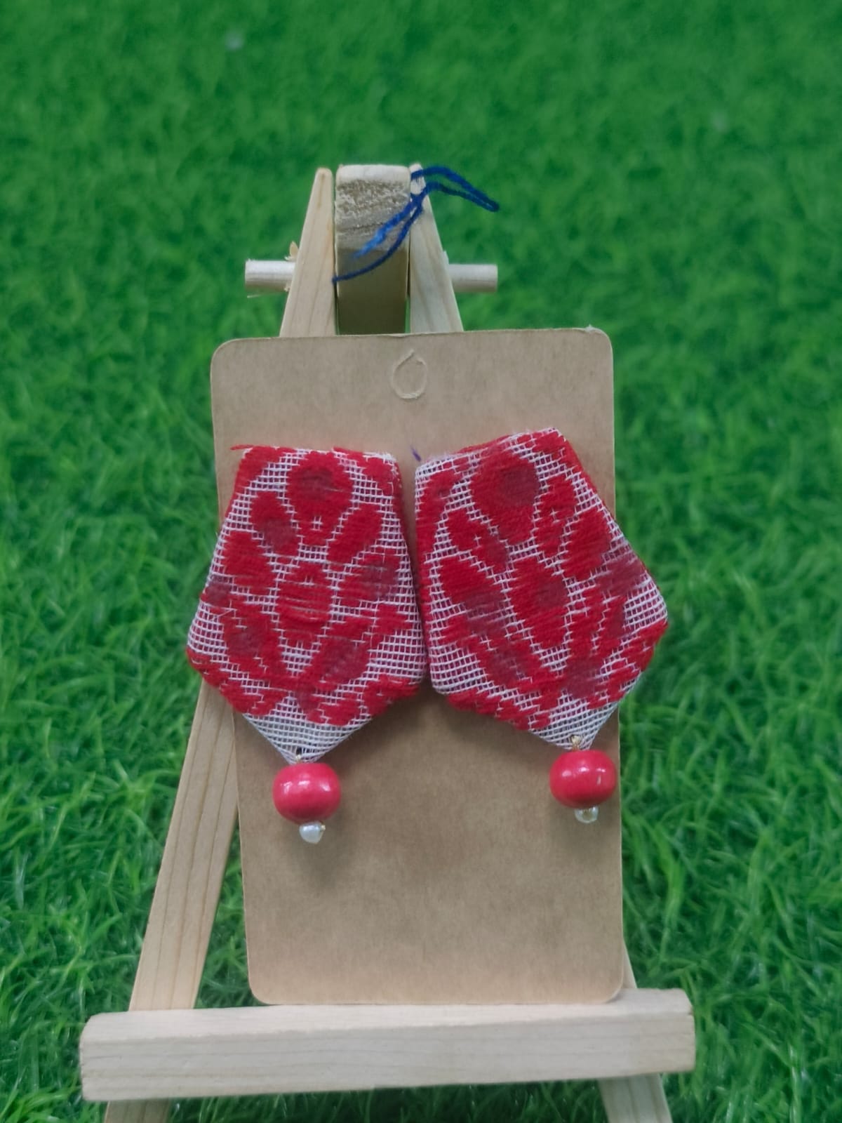 Handcrafted Red Fabric Earrings with Beads - Zipal