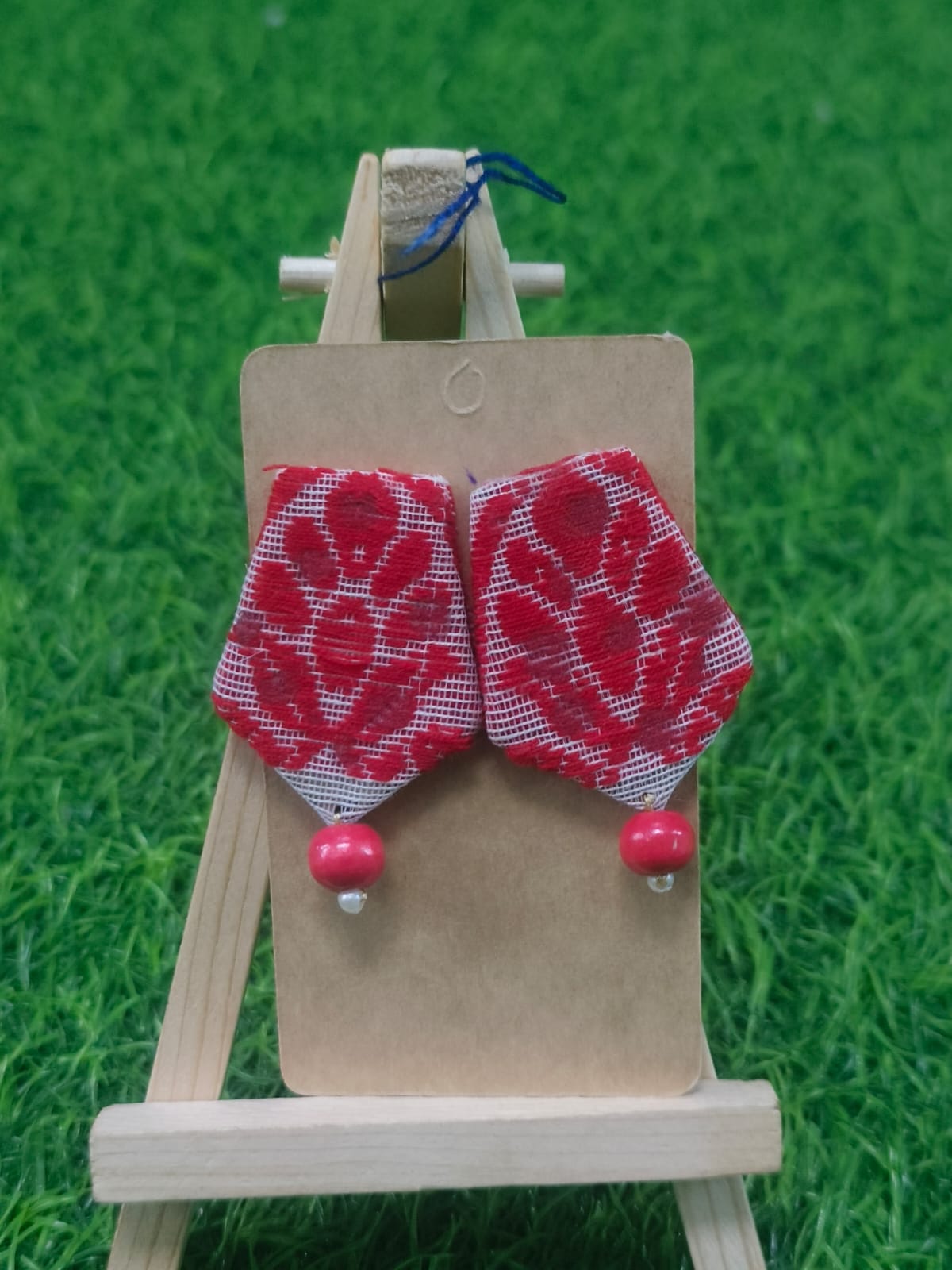 Handcrafted Red Fabric Earrings with Beads - Zipal