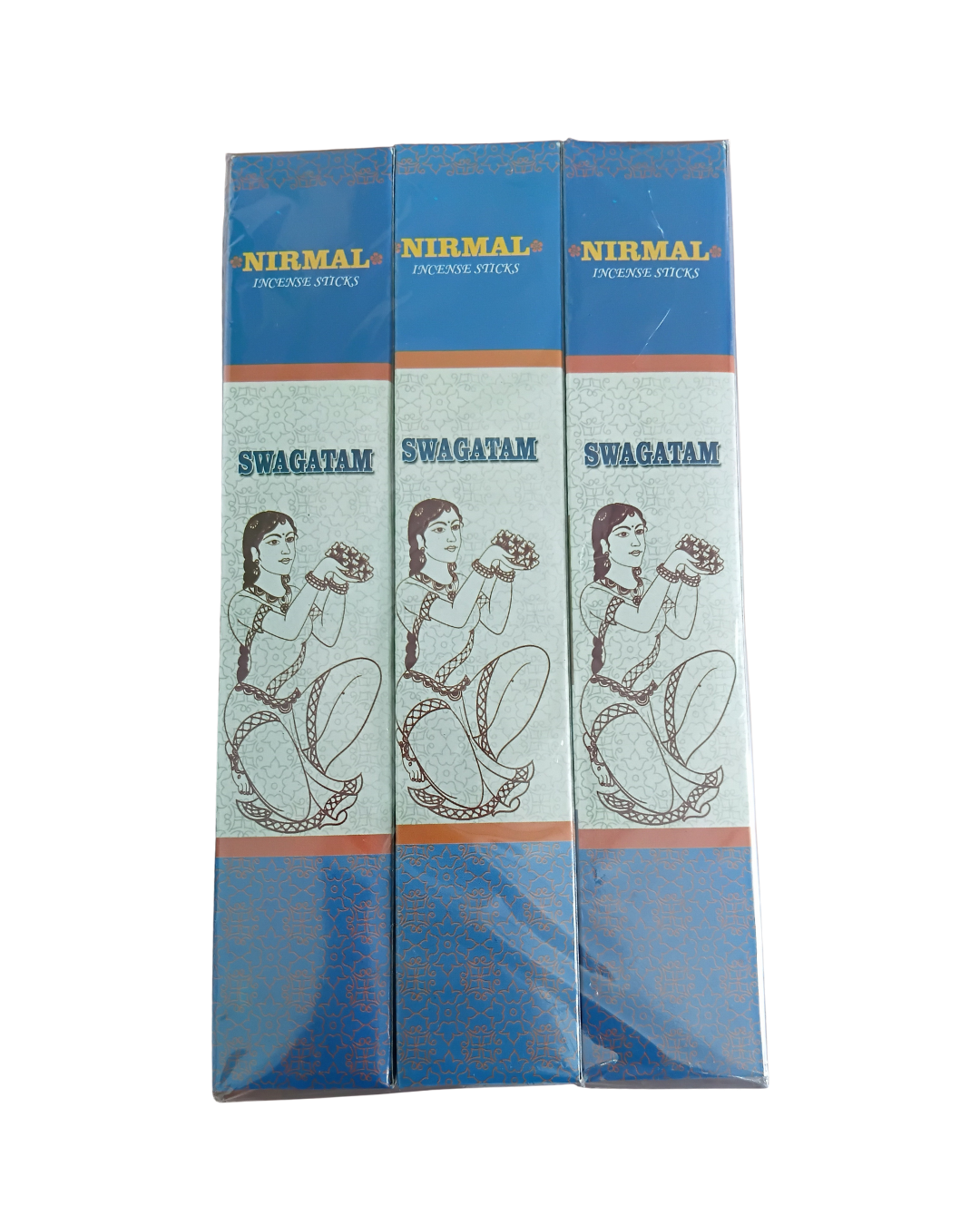 Six packages of Nirmal Swagatam incense sticks on a white background