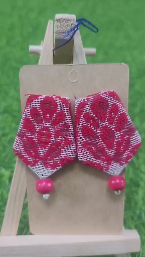 Handcrafted Red Fabric Earrings with Beads